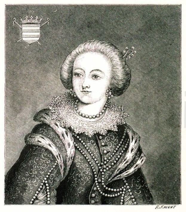 Schwarze und weiße Gravur von Königin Elizabeth I. in königlicher Kleidung mit hohem Kragen und zurückgebundenem Haar, die zur Seite schaut, mit einem Logo oben und Text unten.