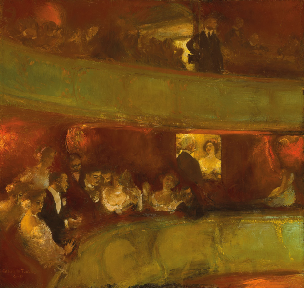 Ein Gemälde einer lebendigen TheaterSzene mit Menschen in formeller Kleidung, einige stehend und einige sitzend, unter heller Beleuchtung an neutralfarbenen Wänden.