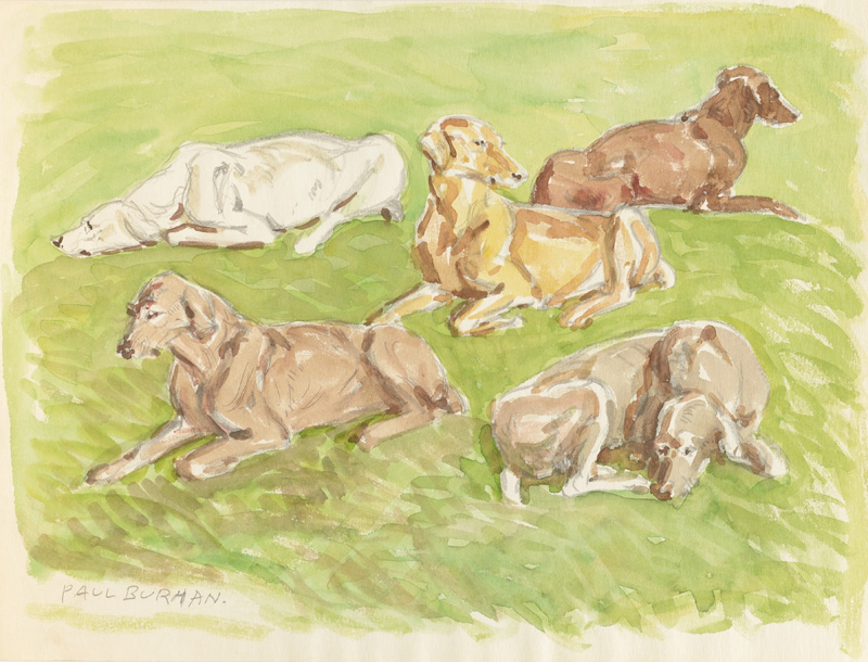 Ein realistische Malerei von mehreren Dackeln, die auf einem leuchtend grünen Feld unter einer strahlenden Sonne liegen.