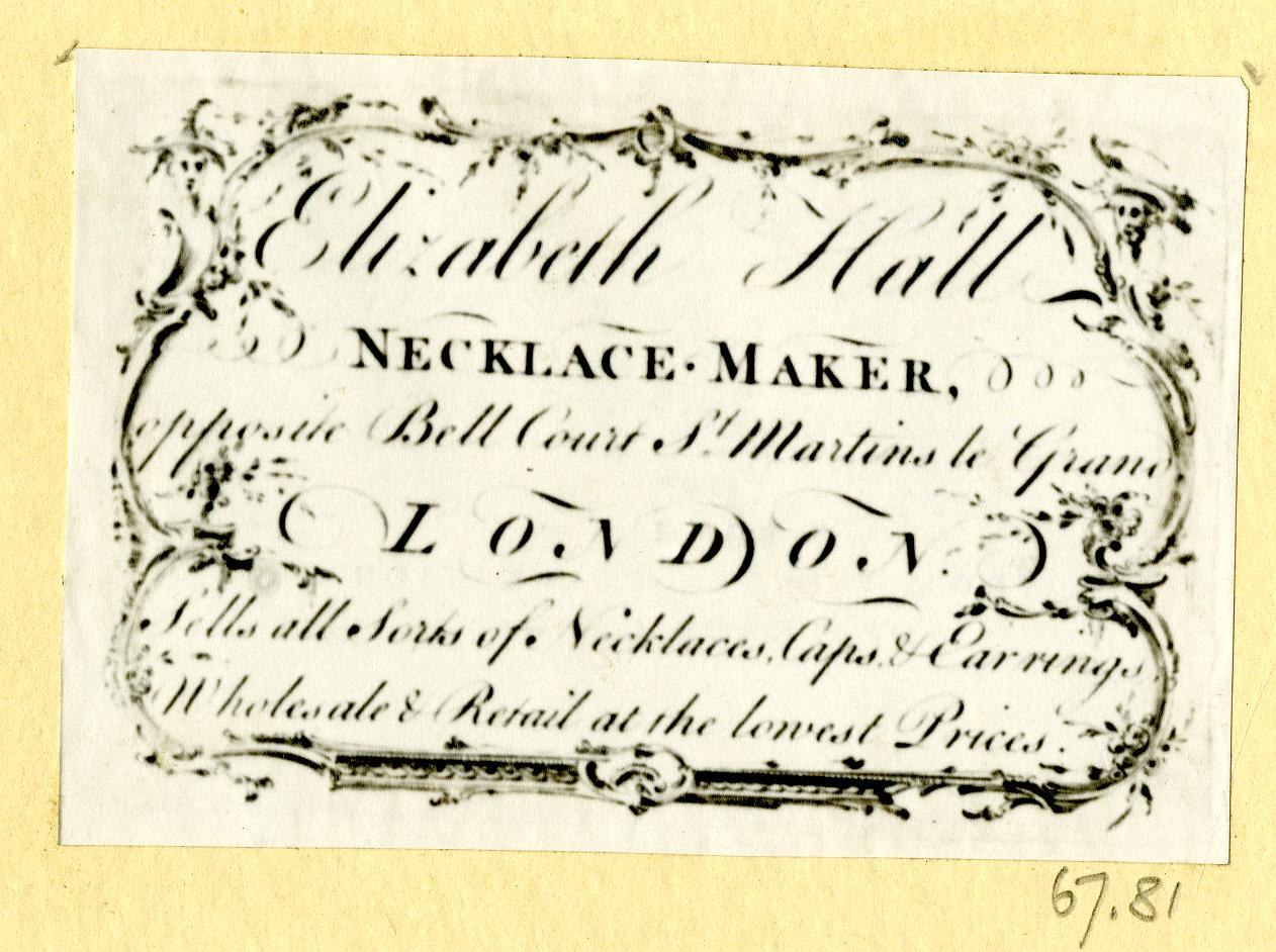 Alte Visitenkarte mit einem Porträt eines Schmuckherstellers und Textbeschreibung seiner Dienstleistungen.