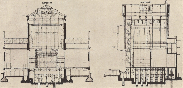 Ein detailliertes Zeichnung eines mehrfenstrigen Gebüudes, das für das Museum of Fine Arts in Berlin gehalten wird, auf einem Blatt Papier mit handgeschriebener Text.