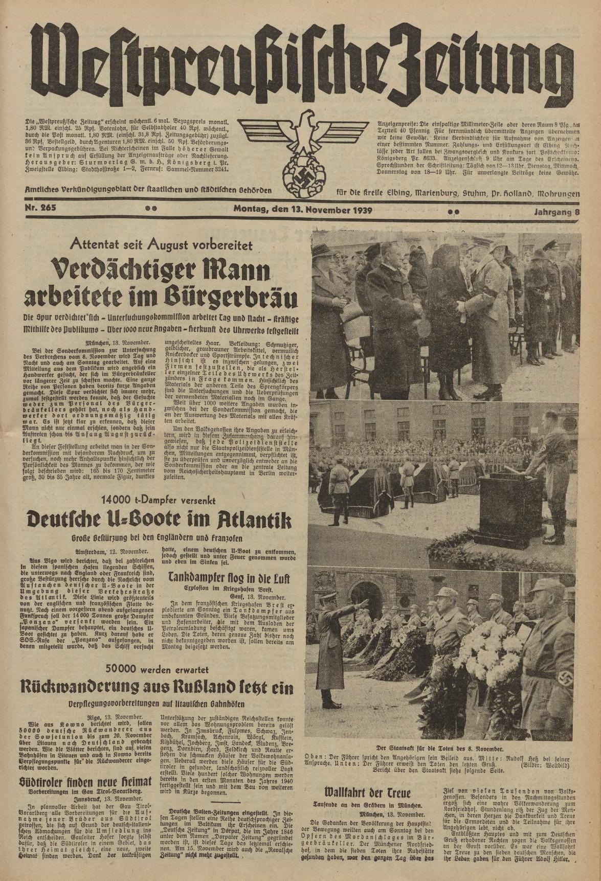Schwarze und weiße Titelseite einer deutschen Zeitung vom 13. November 1939 mit der Überschrift 'Weitpreubliche Zeitung', die eine Gruppe von Menschen in traditioneller deutscher Kleidung in einer feierlichen Atmosphäre zeigt.