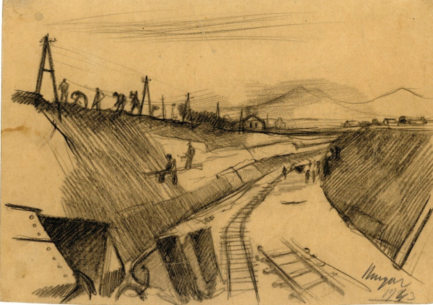 Eine Zeichnung einer Zugstrecke mit Menschen darauf, umgeben von Hügeln, Pfählen, Drähten und anderen Gegenständen, mit dem Text "Egon Schiele - Zugstrecke" unten.