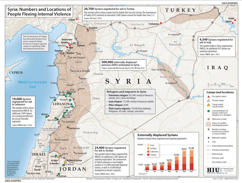 Plakat mit einer Syrienkarte und Daten zu Binnenflüchtlingen aufgrund von Gewalt, einschließlich begleitendem Text und Diagrammen.