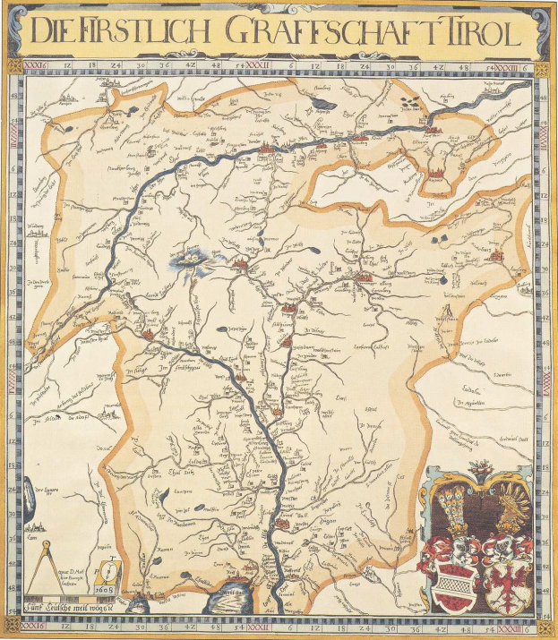 Ein detailliertes historisches Poster der ersten deutschen Grafschaft Tirol-Karte, das geografische Merkmale wie Flüsse, Berge und Städte zeigt und von erklärendem Text begleitet wird.