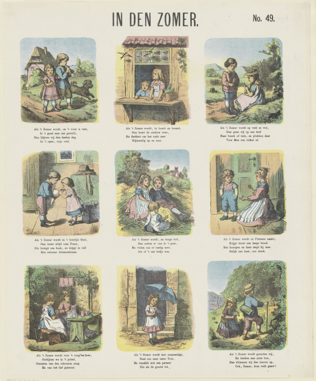 Ein Blatt mit Fotos von lachenden Kindern in bunten Kleidern, die in einem üppigen Garten mit Bäumen und Sträuchern spielen, begleitet von Text.