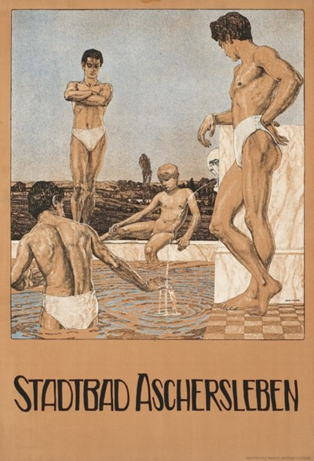 Ein Plakat für ein Schwimmbad in Aschersleben, Deutschland, das Menschen im Wasser zeigt, darunter eine Person, die sitzt, und Text, der Pool-Informationen bereitstellt.