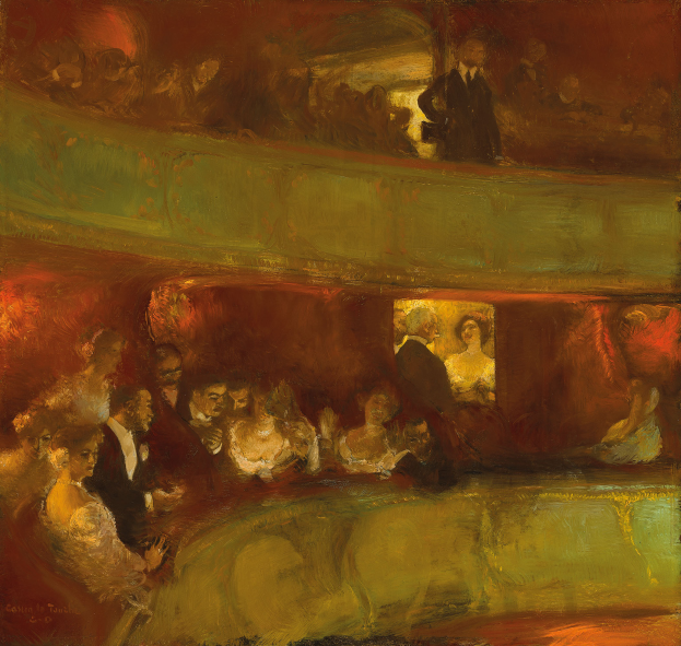 Ein Gemälde einer vielseitigen Gruppe von Menschen in einem hell erleuchteten Theater, einige stehen, einige sitzen, alle in formeller Kleidung, die eine lebhafte und einladende Atmosphäre schaffen.