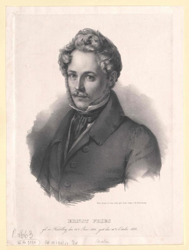 Schwarzes und weißes Porträt von Ernst Frühls, einem deutschen Komponist und Pianisten, der einen Anzug trägt und einen Schnurrbart hat, mit ernster Miene, und deutschem Text unten.