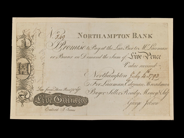 Ein alter Banknote von Northampton mit einem Porträt eines Mannes und gedrucktem Text über die Bankinformationen.