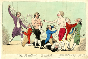 Ein politischer Cartoon, der eine Gruppe von Menschen in verschiedenenfarbigen Kleidern zeigt, wobei eine Person in der Mitte auf dem Boden liegt, und einen Text unten mit der Aufschrift "Der politische Wettbewerb".