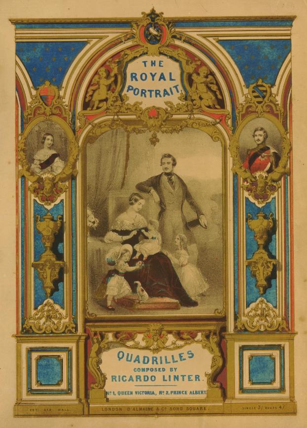 Ein Plakat mit der Aufschrift "Royal Portrait" von Ricardo Linter, das eine Gruppe von Menschen in königlicher Kleidung mit Kronen und Roben zeigt, umgeben von fetter Schrift in einem goldenen Rahmen auf einem royalblauen Hintergrund.