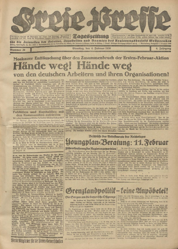 Schwarze und weiße Titelseite einer alten deutschen Zeitung mit einem ernst dreinschauenden Mann, der direkt in die Kamera blickt.