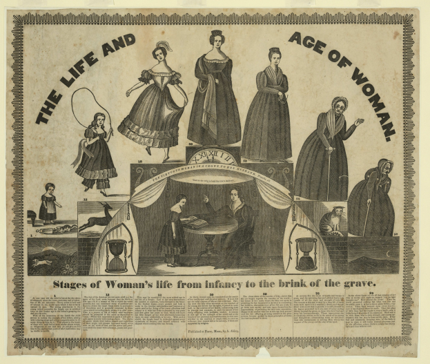 Eine bunte Papillustration, die die Lebensphasen einer Frau von der Kindheit bis ins hohe Alter zeigt, mit fetter Schrift und detailreichem Design.