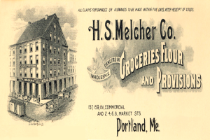 Eine alte Werbung für H.S. Melcher Co. Groceries Flour and Provisions, die ein Gebäude mit Fenstern und Text zeigt.