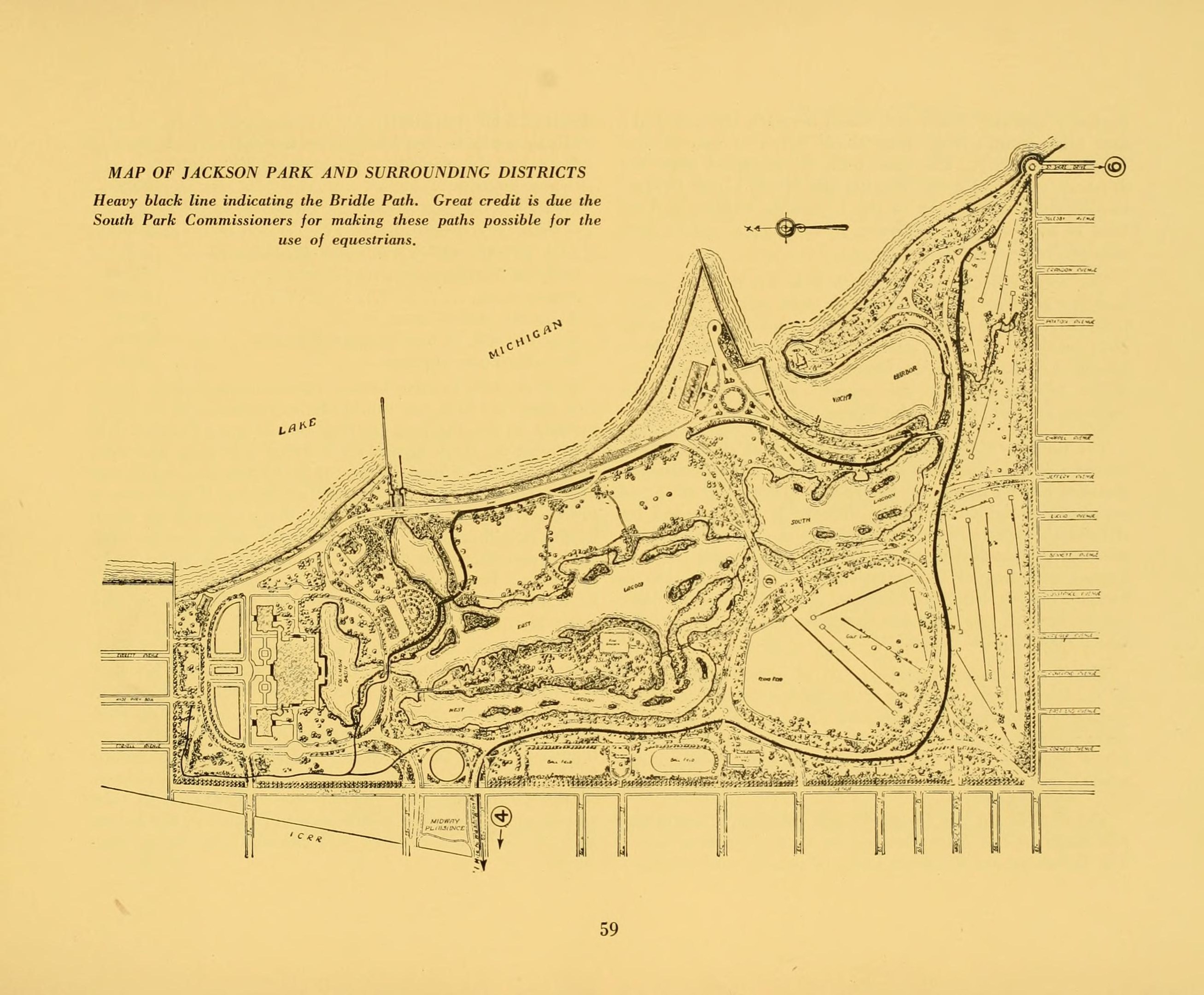Ausführliche alte Karte von Jackson Park und umliegenden Bezirken, zeigt Straßen, Parks und andere Merkmale mit sichtbarem Text.