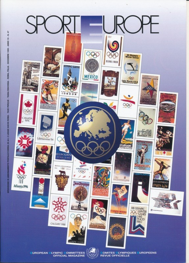 Buchumschlag mit dem Titel "Sport in Europa" zeigt lebendige Olympia-Symbole und -Text in Europa.
