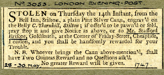 Eine alte Postkarte mit einer Schwarz-Weiß-Illustration eines Mannes, auf der ein gestohlenes Objekt beschrieben wird.