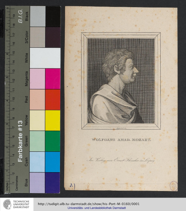 Porträt von Wolfgang Amadeus Mozart mit nachdenklichem Gesichtsausdruck, kurzen dunklen Haaren und direktem Blick, begleitet von einer Skala links und Text unten.