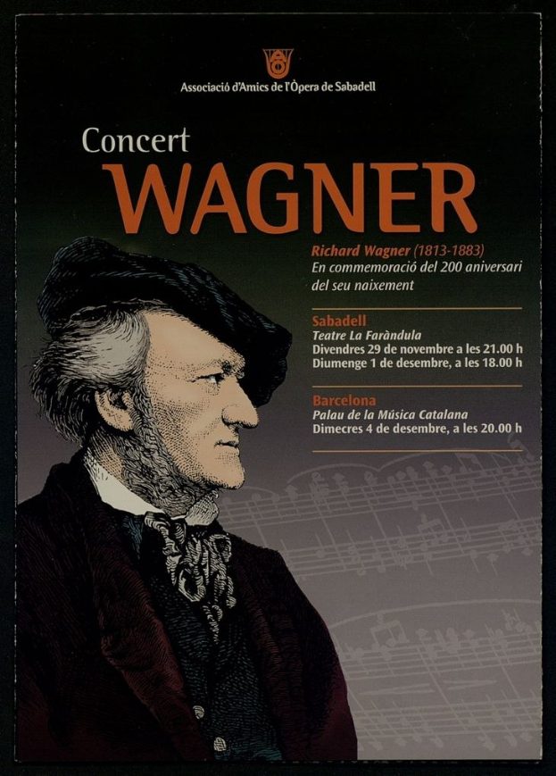 Ein Konzertplakat mit einem zentralen Porträt von Richard Wagner in einem schwarzen Anzug und weißem Hemd, mit zurückgekämmtem Haar und einem ernsten Gesichtsausdruck, vor einem hellblauen Hintergrund mit fetter schwarzer Schrift.