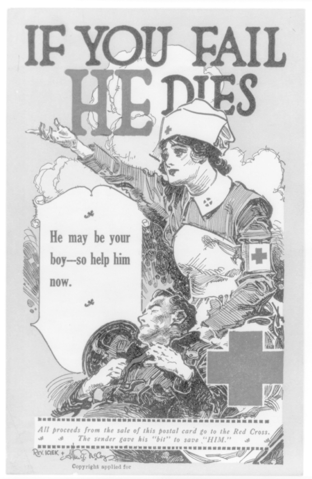 Schwarzes und weißes Plakat mit einer bestimmten Frau und einem besorgten Mann mit Text, der Unterstützung für "deinen Jungen" fordert