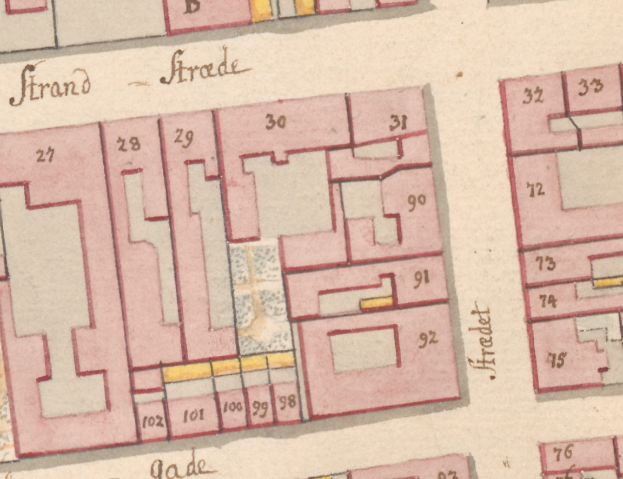 Ein detaillierter alter Stadtplan der Stadt Strand, Deutschland, der Straßen, Gebäude und andere Merkmale zeigt.