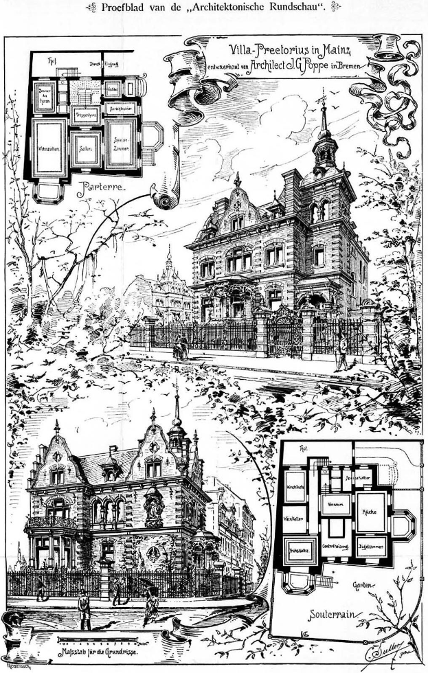 Schwarz-weiß-Zeichnung der Villa Prefectorius in Mainz, ein Gebäude mit vielen Fenstern, umgeben von Bäumen und Menschen, mit Text oben und unten 'Villa Prefectorius in Mainz'.