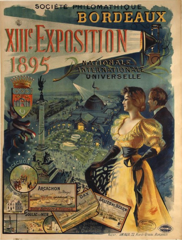 Plakat, das die XXII Ausstellung in Bordeaux, Frankreich, ankündigt und eine Frau in einem langen Kleid und einen Mann in einem Anzug zeigt, die nebeneinander stehen.
