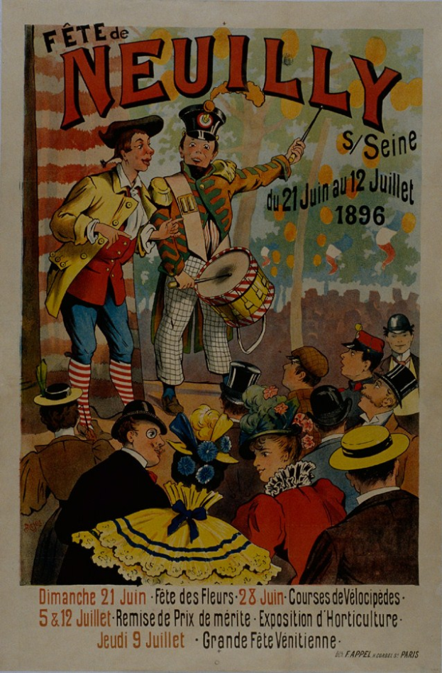 Ein Plakat, das ein Karnevalsfest in Paris, Frankreich, zeigt, mit einer Gruppe von Menschen in bunten Kostümen und Hüten, wobei eine Person ein Musikinstrument hält, und wahrscheinlich den Karneval ankündigt.