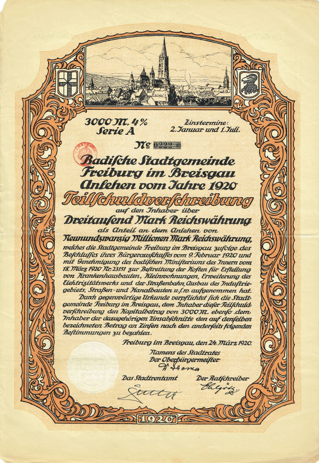 Altes deutsches Aktienzertifikat mit einer Stadtansicht-Illustration und gedrucktem Text zu den Aktiendetails.