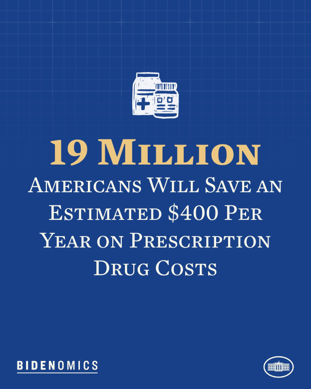 Ein blauer Hintergrund mit weißer Schrift und einem Logo, auf dem steht "19 Millionen Amerikaner werden geschätzt jährlich 400 USD an Arzneimittelkosten sparen".