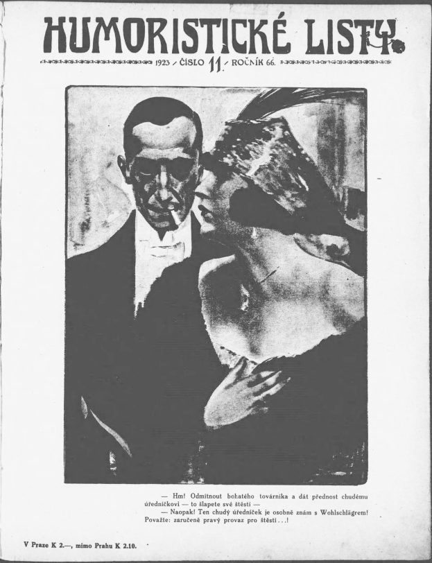 Schwarze und weiße Zeitschriftumschlag mit der Aufschrift 'Humoristische Liste', auf dem ein Mann in einem Anzug mit ernster Miene und eine Frau zu sehen ist, die wegsieht und schmunzelt.