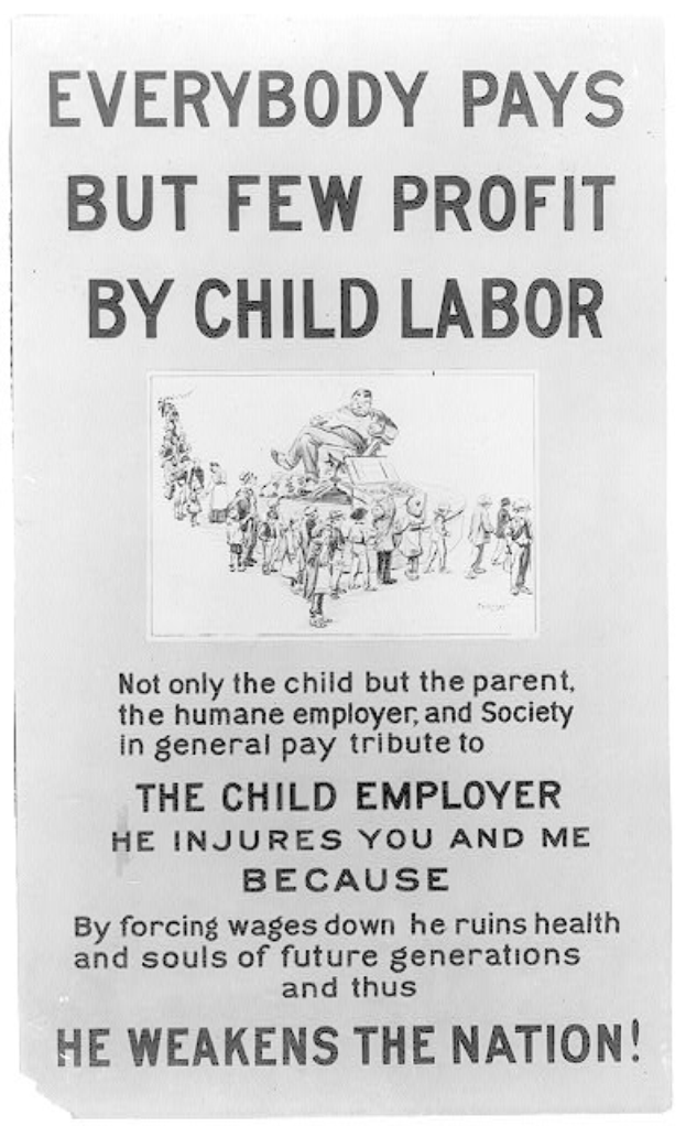 Schwarzes und weißes Plakat mit dem Text "Jeder zahlt, aber wenige profitieren von Kinderarbeit" mit einer Gruppe von Menschen, die gegen Kinderarbeit in den USA eintreten.