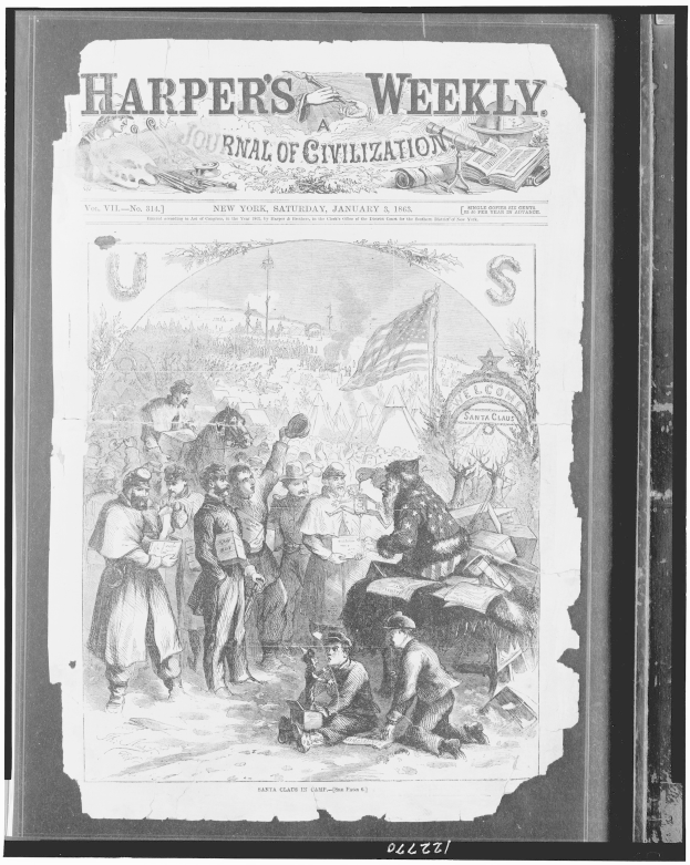 Schwarzes und weißes Bild von Menschen, die sich um eine Zeitung namens "Harper's Weekly Journal of Civilization" versammelt haben