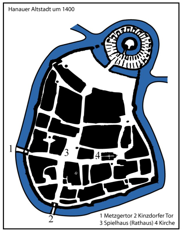 Ein detaillierter Stadtplan von Hanau, Deutschland, in Blau und Weiß, der Straßen, Text und nummerierte Standorte zeigt.