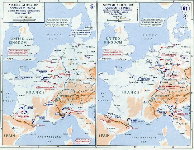 Eine historische Posterkarte von Europa während der Schlacht von Leipzig, unterteilt in Abschnitte für Europa und Frankreich, mit nummerierten Regionen und textueller Beschriftung von Städten und geografischen Merkmalen.