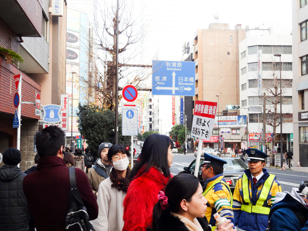 Eine Szene mit vielen Menschen in verschiedenen Kleidern und Mützen, einer Handtasche, Haarsträhnen, einem Brett, einem Pfahl, Bäumen, Gebäuden mit Fenstern, einer Straße mit einer weißen Linie und einem weißen Himmel.