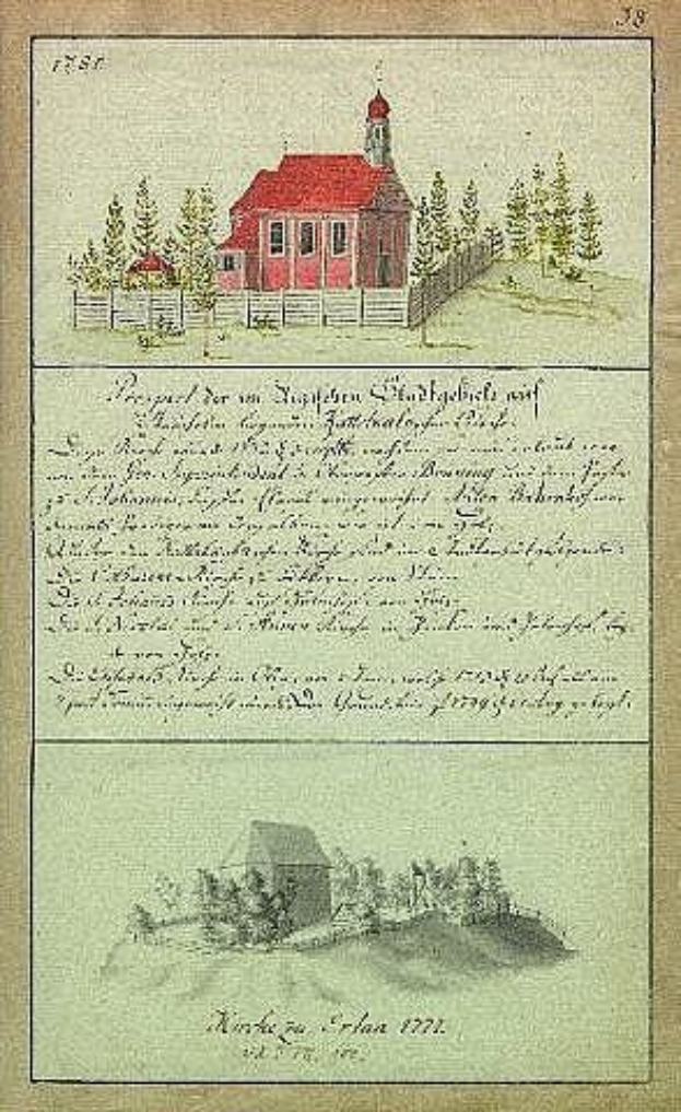 Ein deutsches Schulbuch aus dem Jahr 1777 mit einer Illustration eines roten Hauses umgeben von Bäumen und einem Zaun.