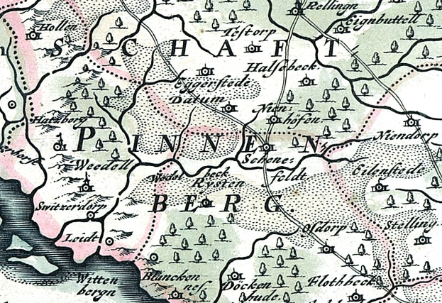 Detailierte alte Karte von Painen, Deutschland, zeigt Straßen, Gebäude, Sehenswürdigkeiten und Text mit zusätzlichen Stadtinformationen.