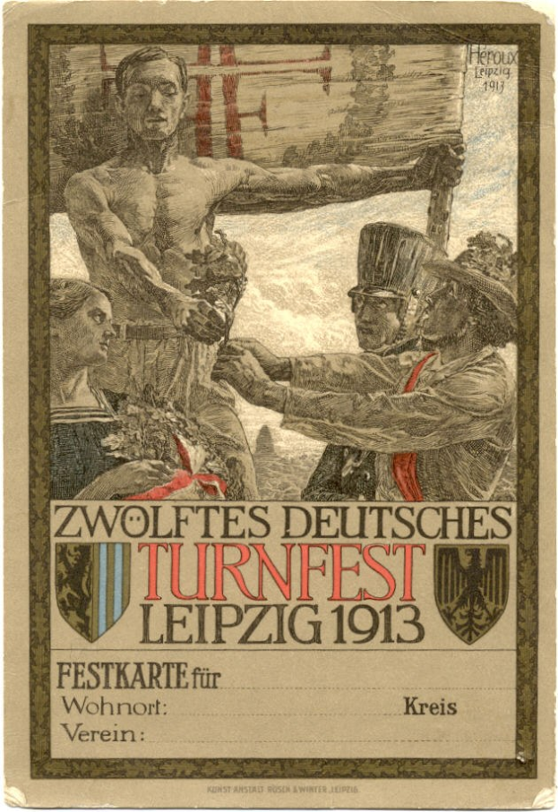 Plakat für das Zwölftes Deutsche Turnfest Leipzig 1913, das eine Gruppe von Menschen in der Mitte mit Text zeigt, der die Veranstaltungst Details angibt.