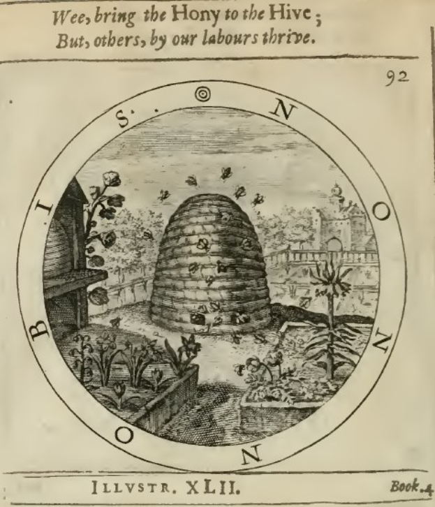 Ein altes Buch mit einer Zeichnung eines Bienenstocks umgeben von Pflanzen und B├Ąumen, mit dem Text "Wee, bring den Honig zur├╝ck in den Stock, aber andere, durch unsere Arbeit's thrive".