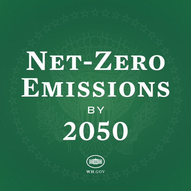 Grüner Hintergrund mit fettem weißem Text, der "netto-null-Emissionen bis 2050" liest