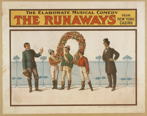 Poster for the musical comedy "Runaways" from New York Casino, featuring a group of people in a line with one holding a bouquet of flowers.