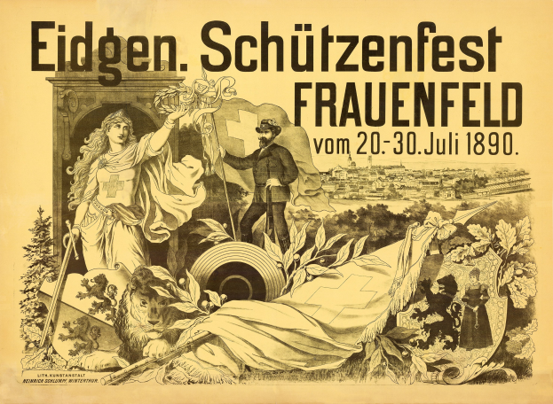 Plakat für das Eidgenössische Schützenfest in Frauenfeld, Deutschland, mit einem Mann im Anzug und einer Frau im Kleid nebeneinanderstehend und Ereignisdetails im Text.