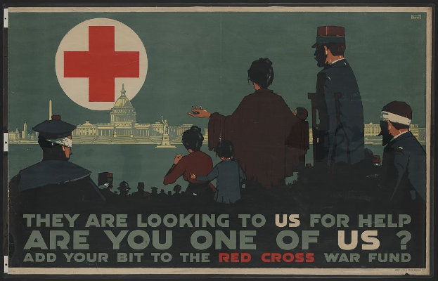 Plakat mit einer Gruppe von Menschen vor einem Gebäude mit einem roten Kreuz, das die Unterstützung des Roten Kreuz-Kriegsfonds fordert.
