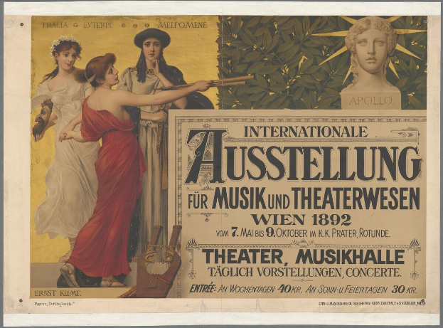 Plakat für die Internationale Ausstellung für Musik und Theaterwesen in Wien, das eine Gruppe von Menschen in einem Kreis mit einer Frau, die ein Musikinstrument hält, in der Mitte zeigt und Text über das Ereignis.