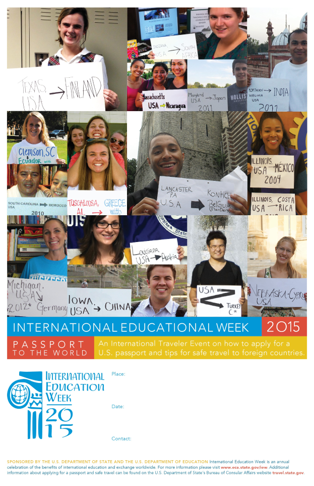 Ein Plakat für die Internationale Bildungswoche 2015, das eine Gruppe von Menschen mit Schildern zeigt und Informationen zum Event enthält.