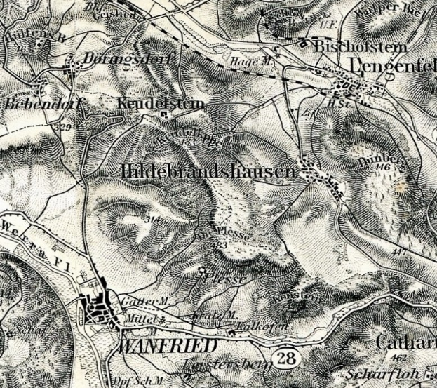 Alte detaillierte Karte von Wannfried, Deutschland, die Straßen, Gebäude und andere Merkmale mit Textanmerkungen zeigt.