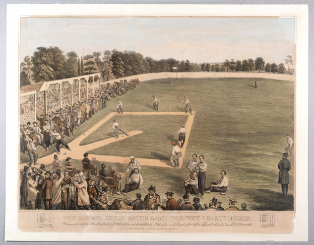 Eine Gruppe von Menschen, die Cricket auf einem grasbewachsenen Feld mit Bäumen im Hintergrund und einem klaren blauen Himmel spielen, mit dem Text "The Second Great Match Game for the Championship" unten.