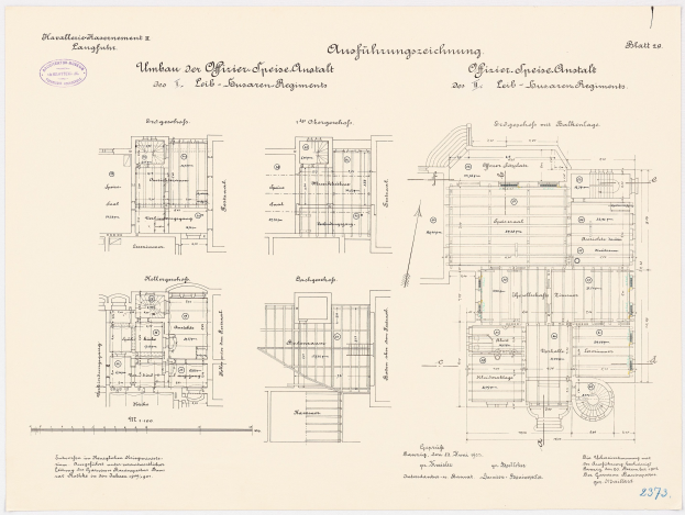 Grundrisszeichnung des ehemaligen Bundeskanzleramts in der Bundesrepublik Deutschland, detaillierte Layouts und Texte zeigend.